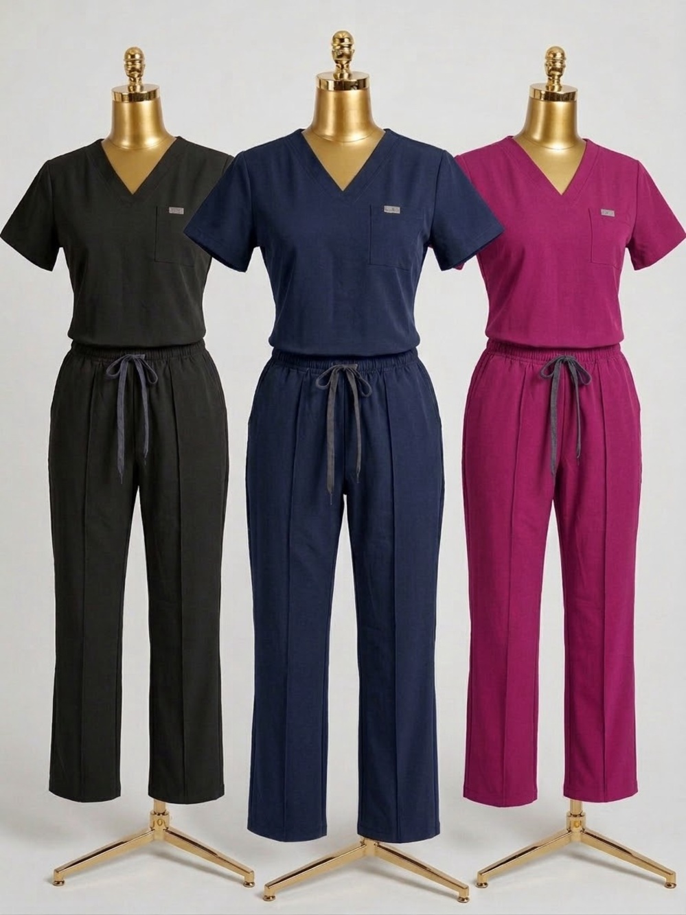 Professional V-Neck Scrub Set - Black, Navy, Berry 6 pieces